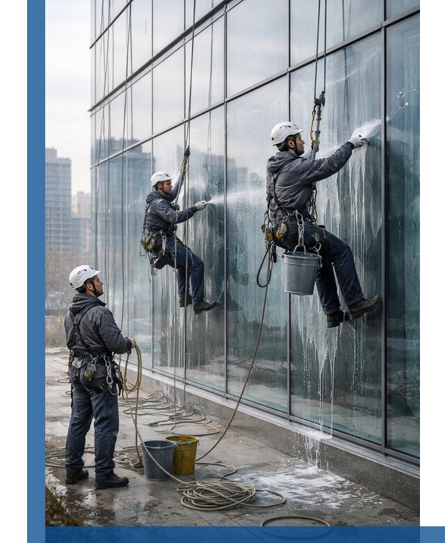 Промышленная мойка панорамных окон на высоте в Донецке