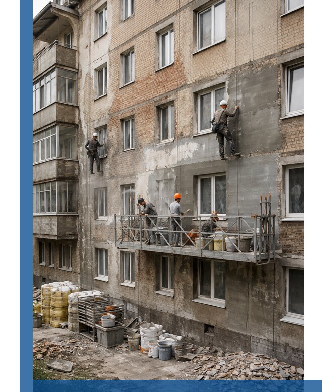 Капитальный ремонт фасада в Донецке с восстановлением и гидроизоляцией