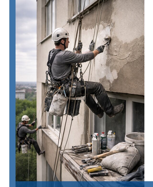 Косметический ремонт фасада зданий в Донецке промышленными альпинистами