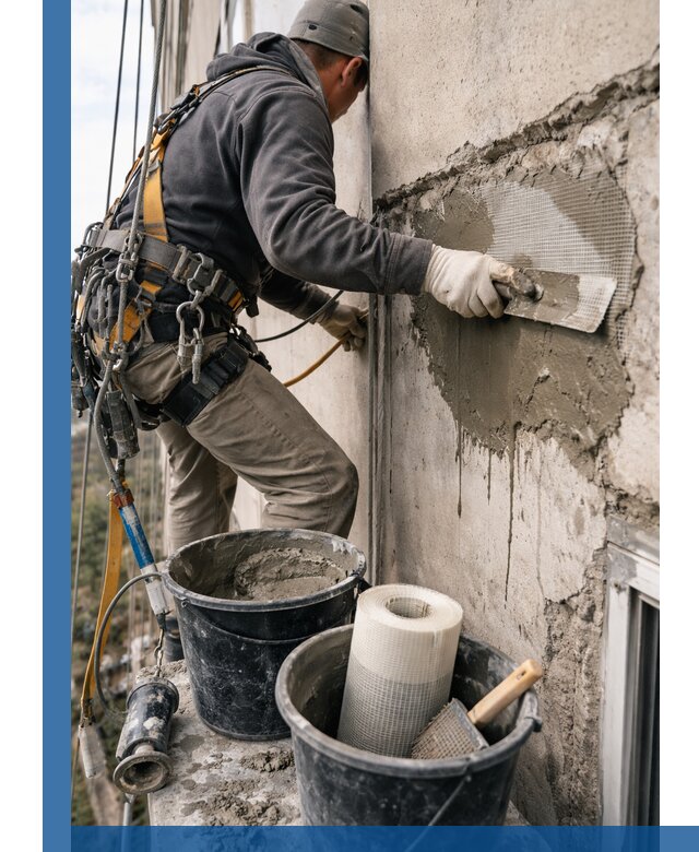 Ремонт бетонных элементов фасада промышленными альпинистами в Донецке