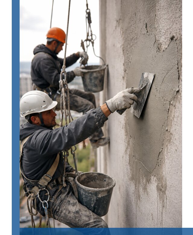 Штукатурка фасада на высоте в Донецке профессиональные работы