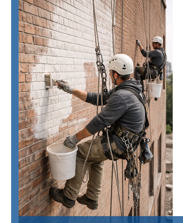 Покраска кирпичного фасада с доступным альпинистским сервисом в Донецке