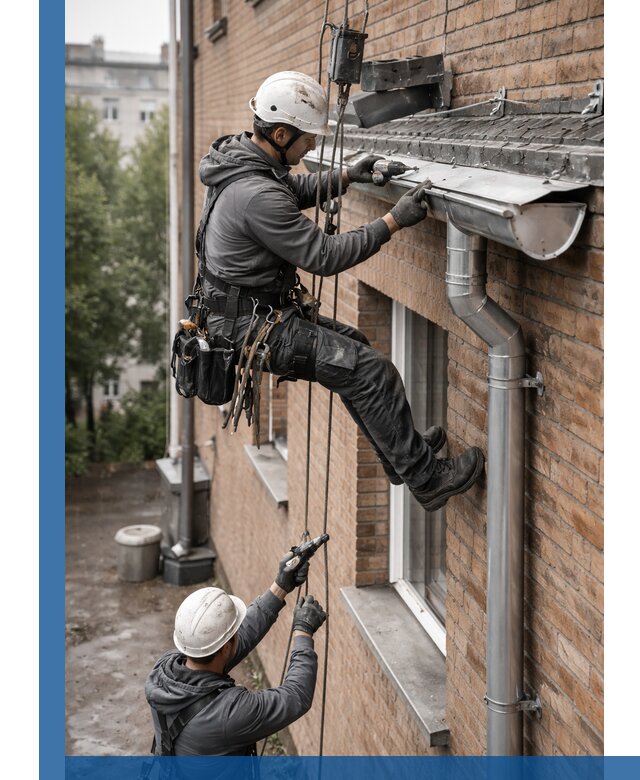 Монтаж водосточной системы на здании в Донецке под ключ