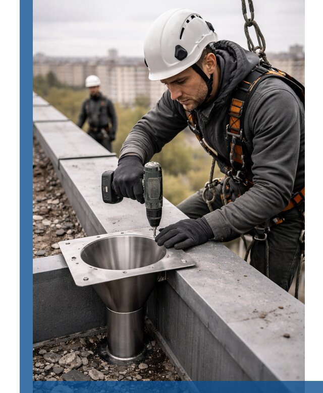 Монтаж водосточных воронок в Донецке для промышленных зданий