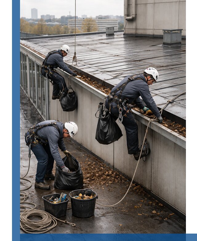 Очистка кровли по периметру в Донецке силами промышленных альпинистов