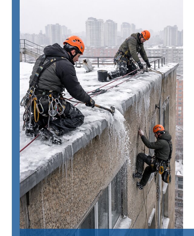 Удаление наледи с кровли в Донецке промышленными альпинистами