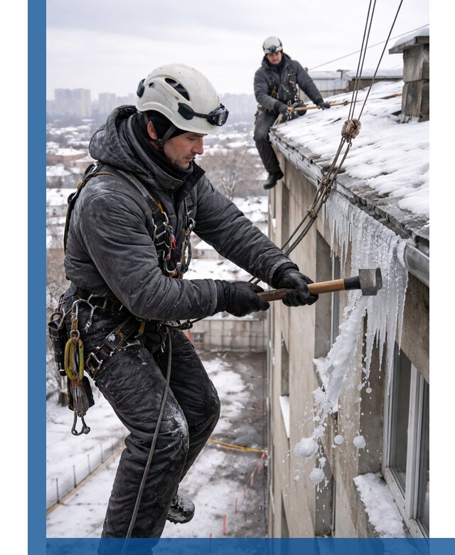 Сбивание и удаление сосулек с крыши в Донецке безопасно