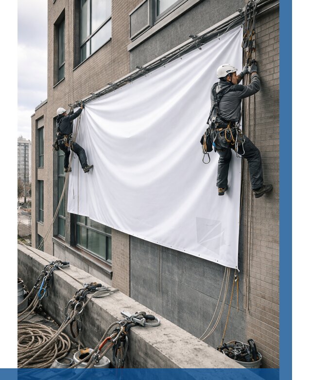 Монтаж баннеров на фасаде в Донецке от 712 р. заказать ВЫСОТНИК-Днк