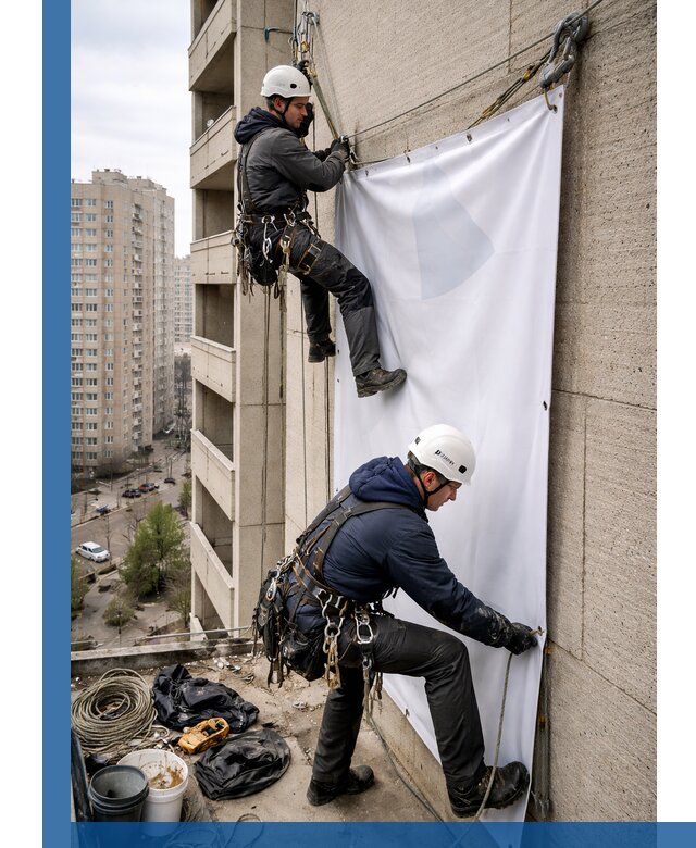 Профессиональный монтаж баннеров на фасаде в Донецке