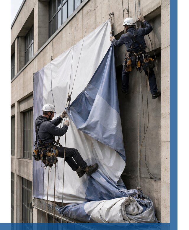 Демонтаж баннеров с фасада в Донецке от 4927 р. | ВЫСОТНИК-Днк