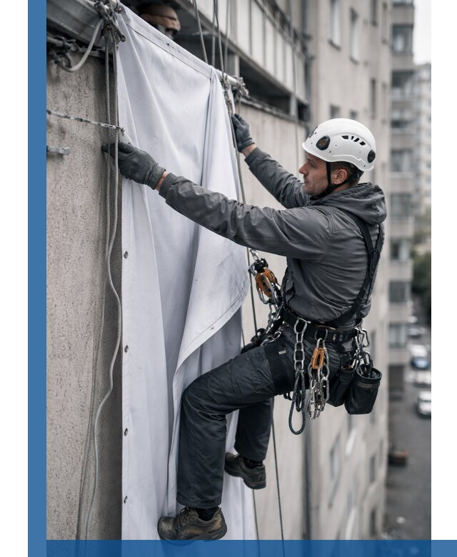 Замена баннерного полотна промышленными альпинистами в Донецке