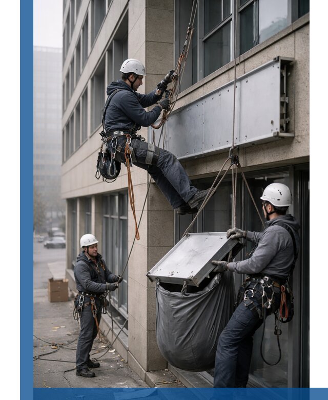 Демонтаж рекламной вывески с высотными работами в Донецке