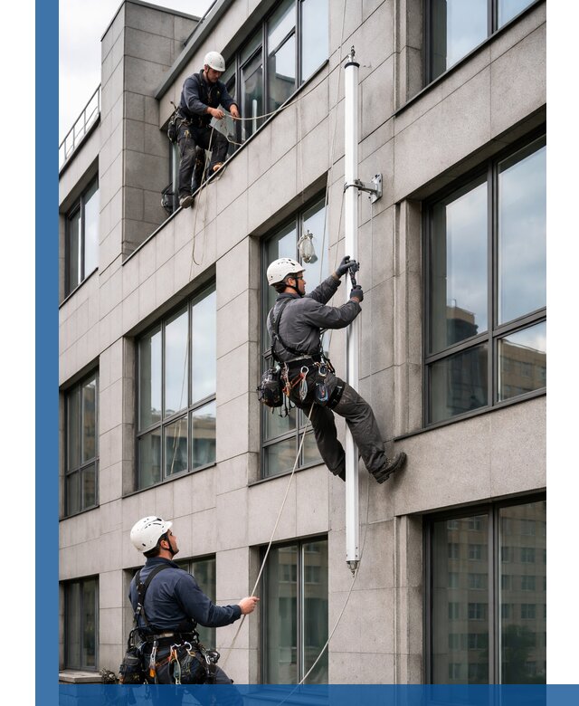 Монтаж флагштока на фасаде здания с креплением и герметикой в Донецке