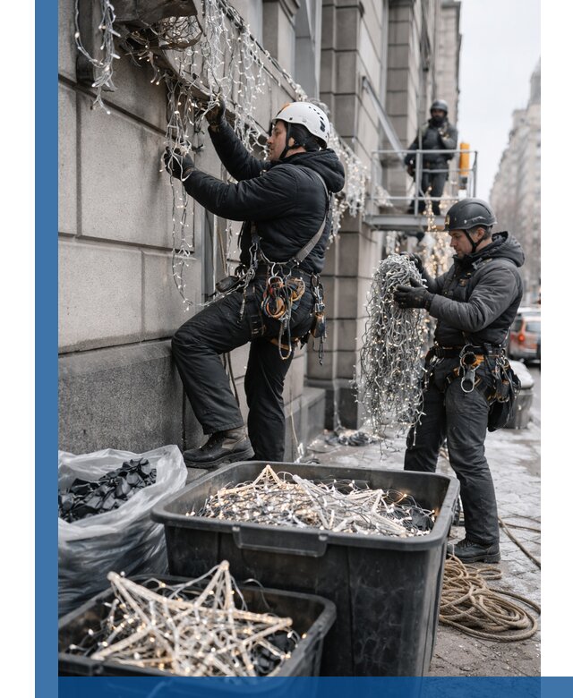 Демонтаж новогоднего оформления и гирлянд в Донецке