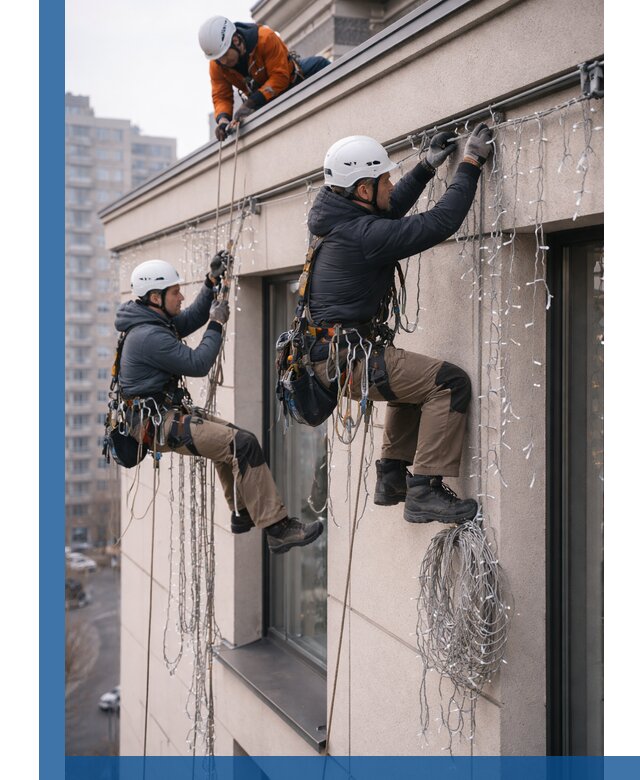 Монтаж праздничных гирлянд на фасаде в Донецке для зданий