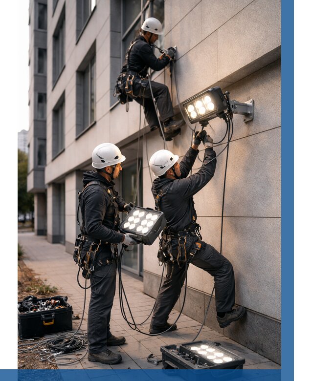 Монтаж прожекторов на фасаде в Донецке от 8211 р. | ВЫСОТНИК-Днк