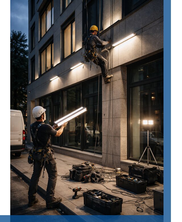 Монтаж архитектурной подсветки здания в Донецке от 2737 р.|ВЫСОТНИК-Днк