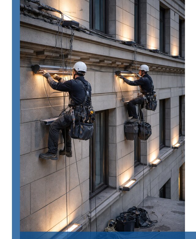 Монтаж архитектурной подсветки фасадов зданий в Донецке