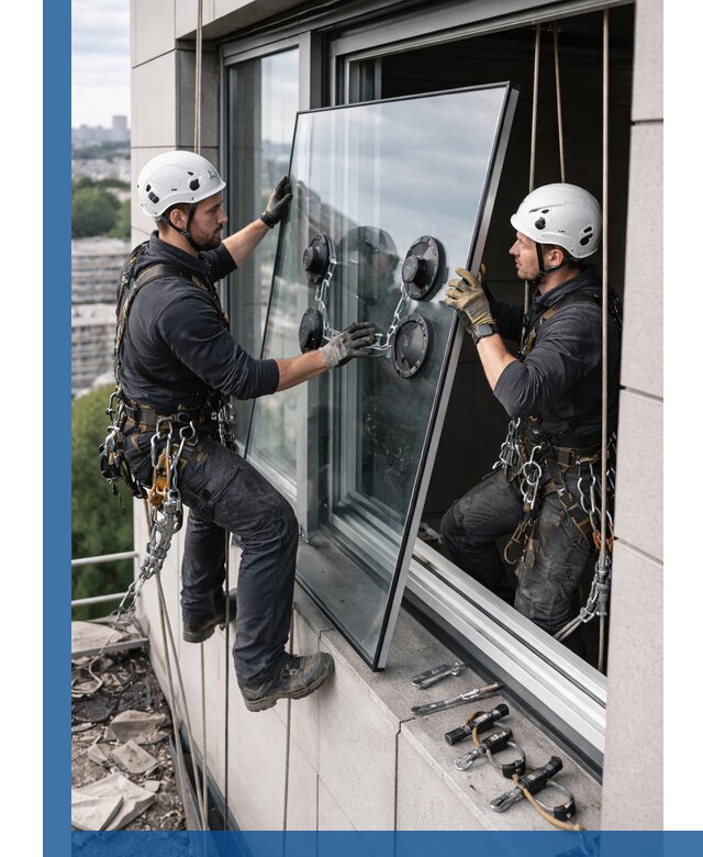 Замена стеклопакетов на высоте с промышленными альпинистами в Донецке