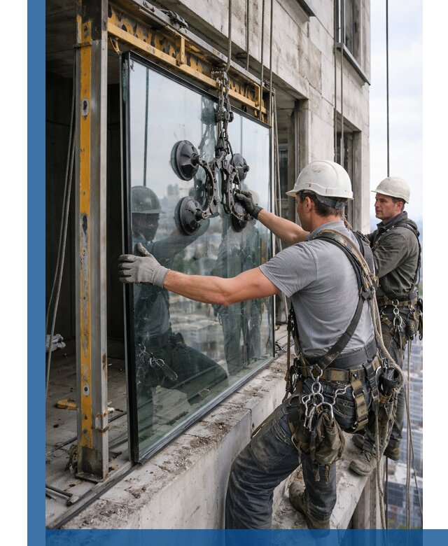 Монтаж стеклопакетов на высоте в Донецке с промышленным альпинизмом