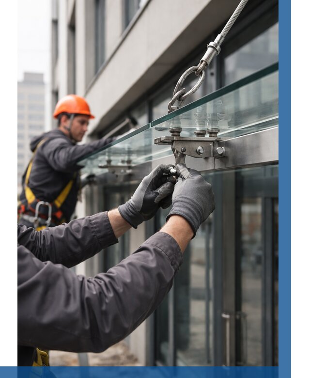 Монтаж стеклянных козырьков в Донецке от 9306 р. | ВЫСОТНИК-Днк