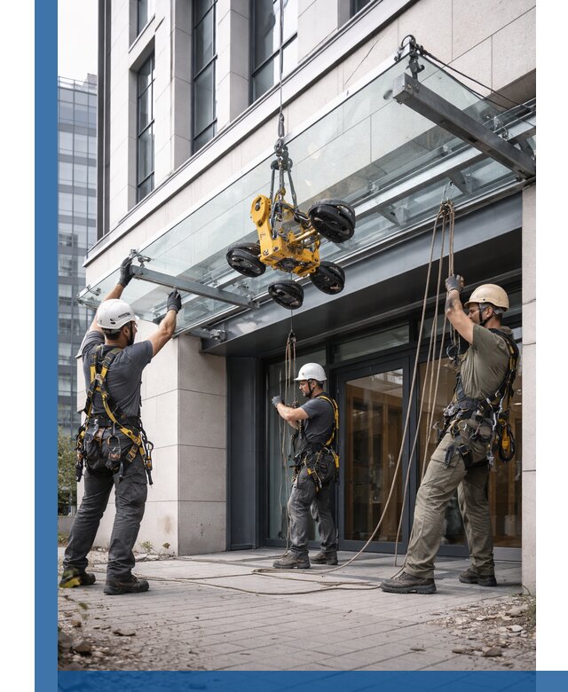 Монтаж стеклянных козырьков под ключ в Донецке для зданий