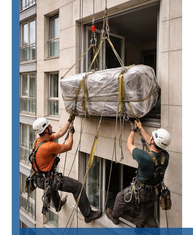 Подъем грузов через окно в Донецке промышленными альпинистами