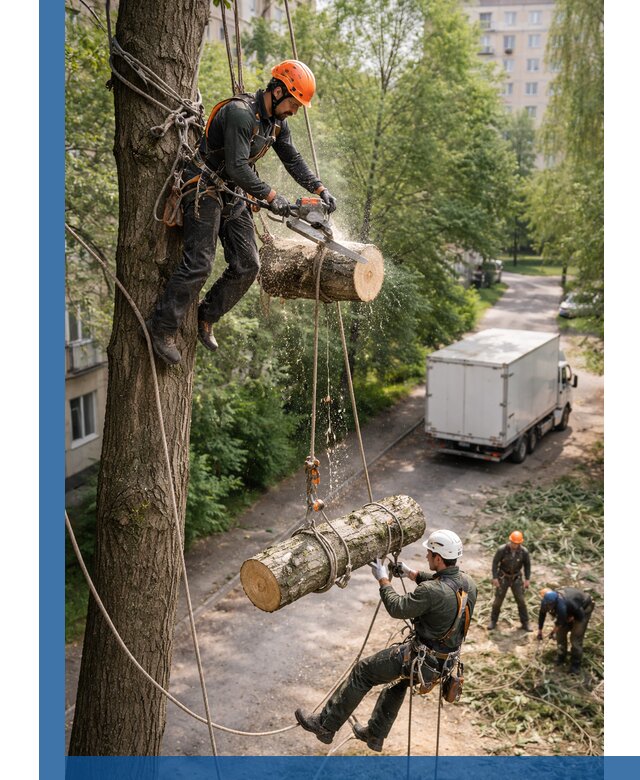 Спил деревьев альпинистами в Донецке, безопасно и без повреждений